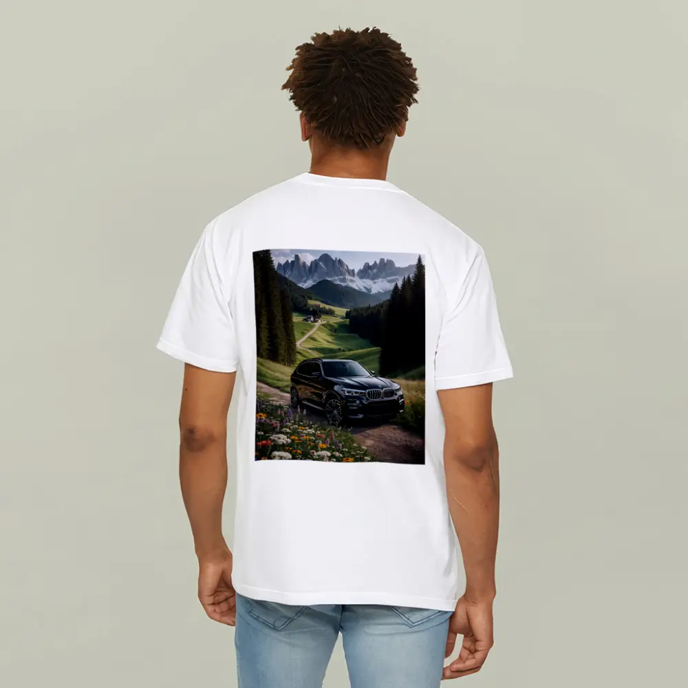 BMW X5 Black SUV Mountain Valley Scene – T-Shirts
