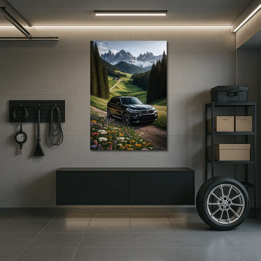 BMW X5 Black SUV Mountain Valley Scene – Wall Art