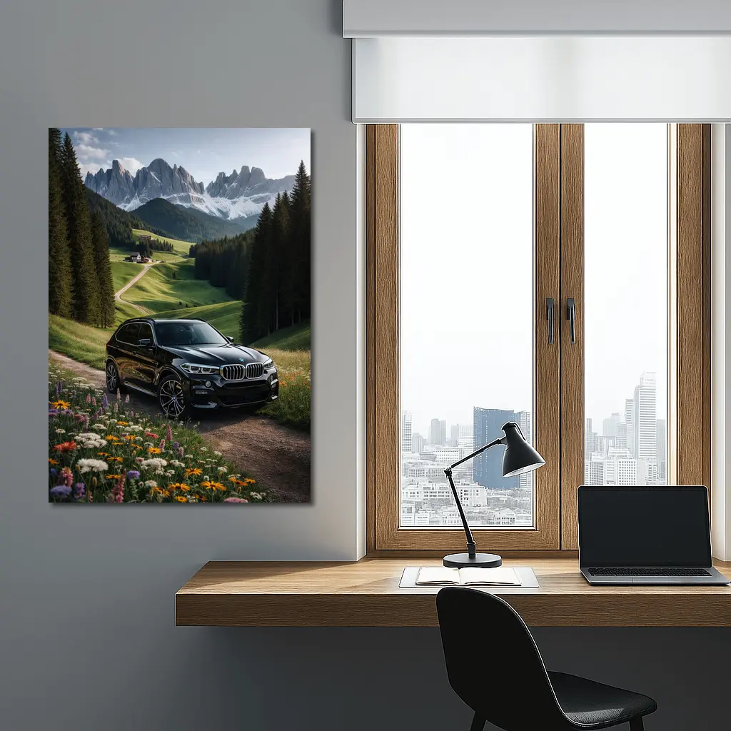 BMW X5 Black SUV Mountain Valley Scene – Wall Art