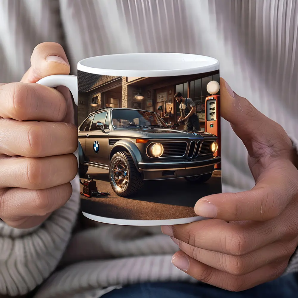 BMW 2002 Classic Vintage Gas Station Scene – Mugs