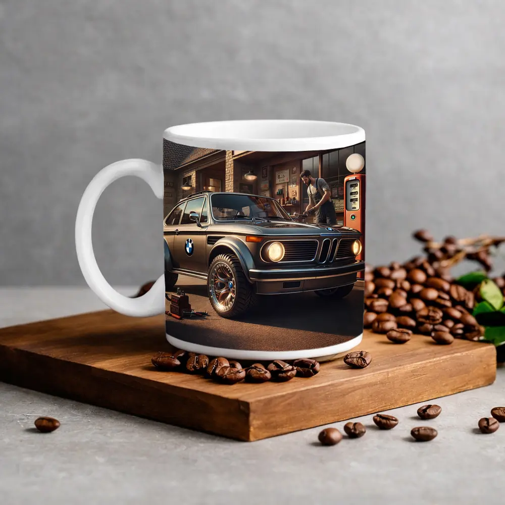 BMW 2002 Classic Vintage Gas Station Scene – Mugs