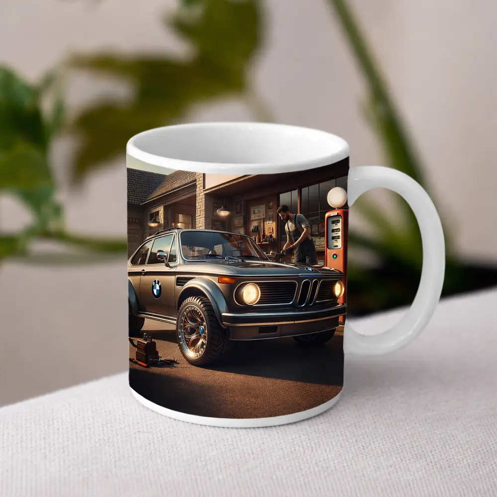 BMW 2002 Classic Vintage Gas Station Scene – Mugs