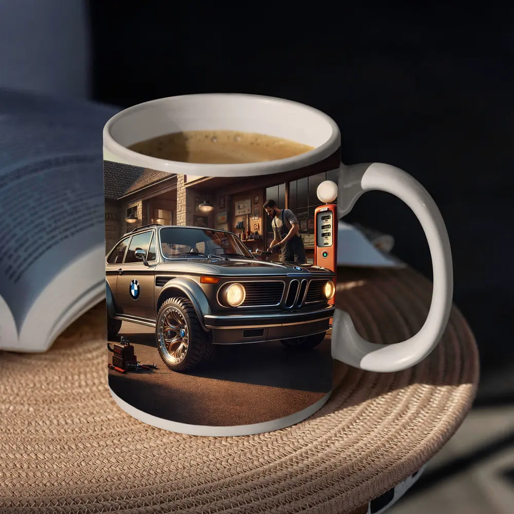 BMW 2002 Classic Vintage Gas Station Scene – Mugs