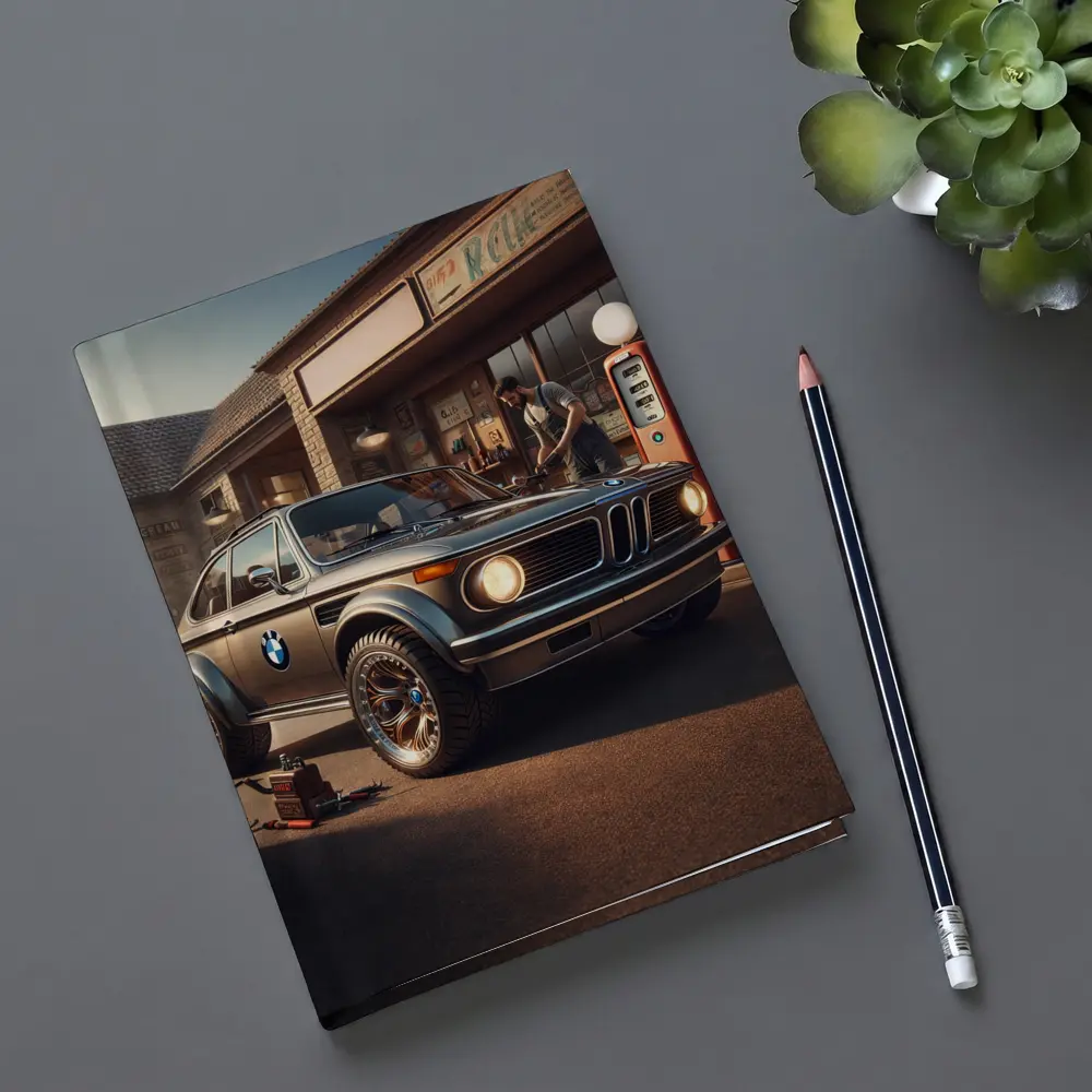 BMW 2002 Classic Vintage Gas Station Scene – Notebooks