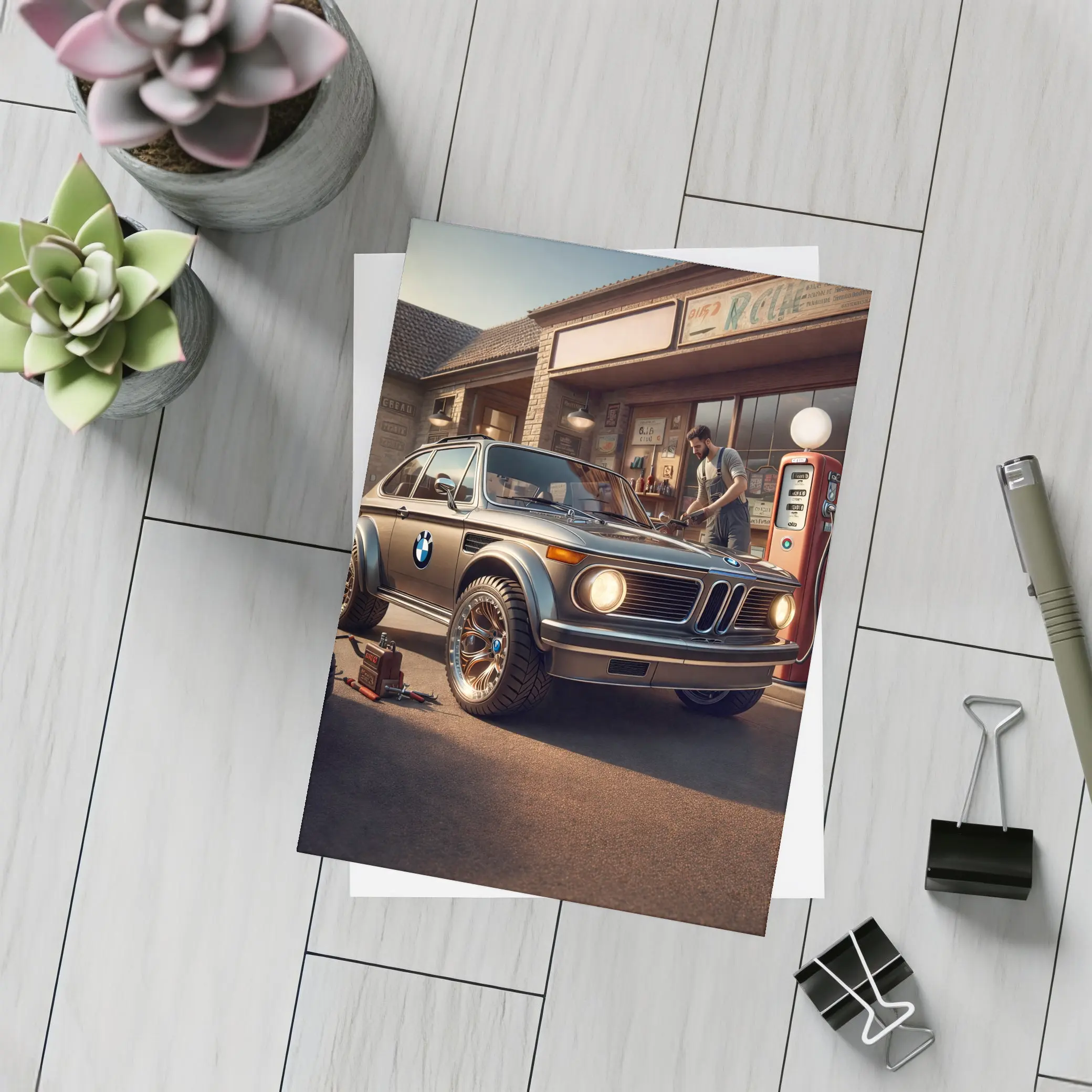 BMW 2002 Classic Vintage Gas Station Scene – Postcards