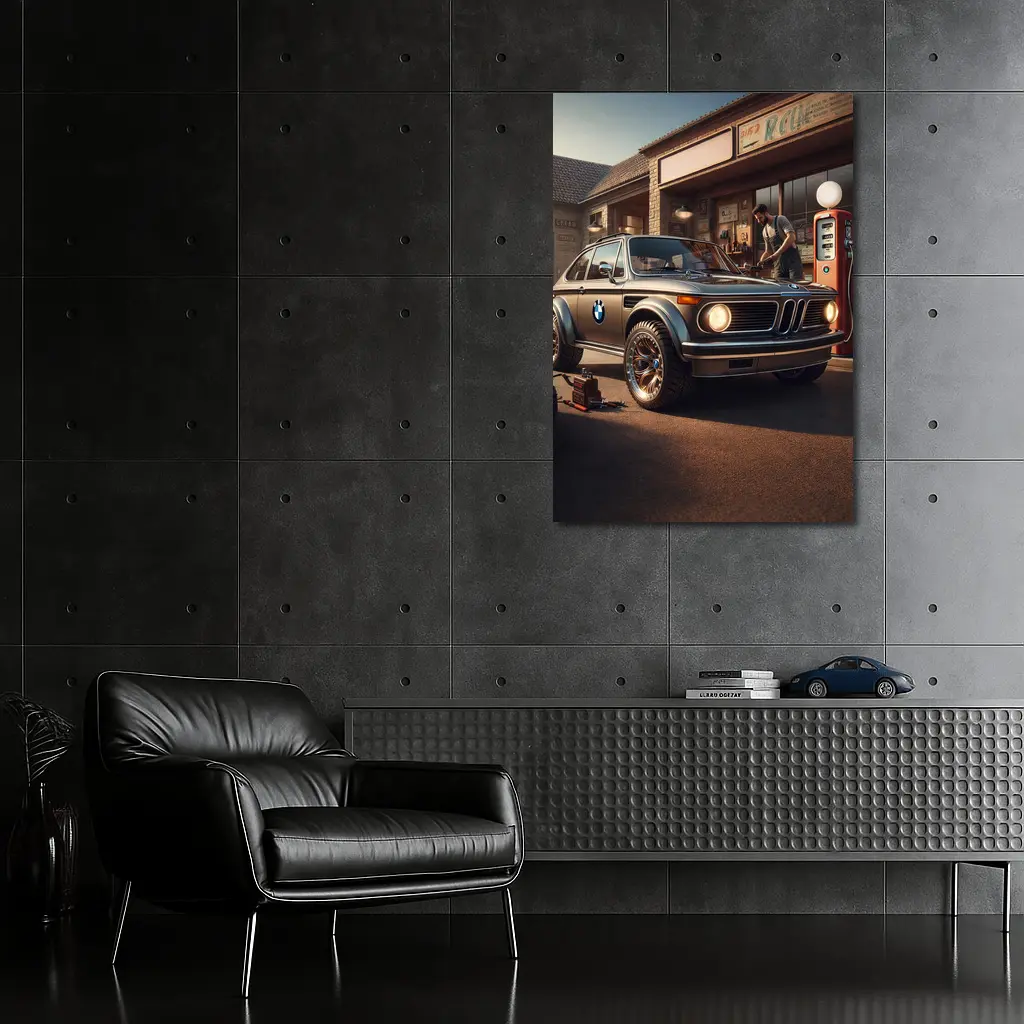 BMW 2002 Classic Vintage Gas Station Scene – Wall Art
