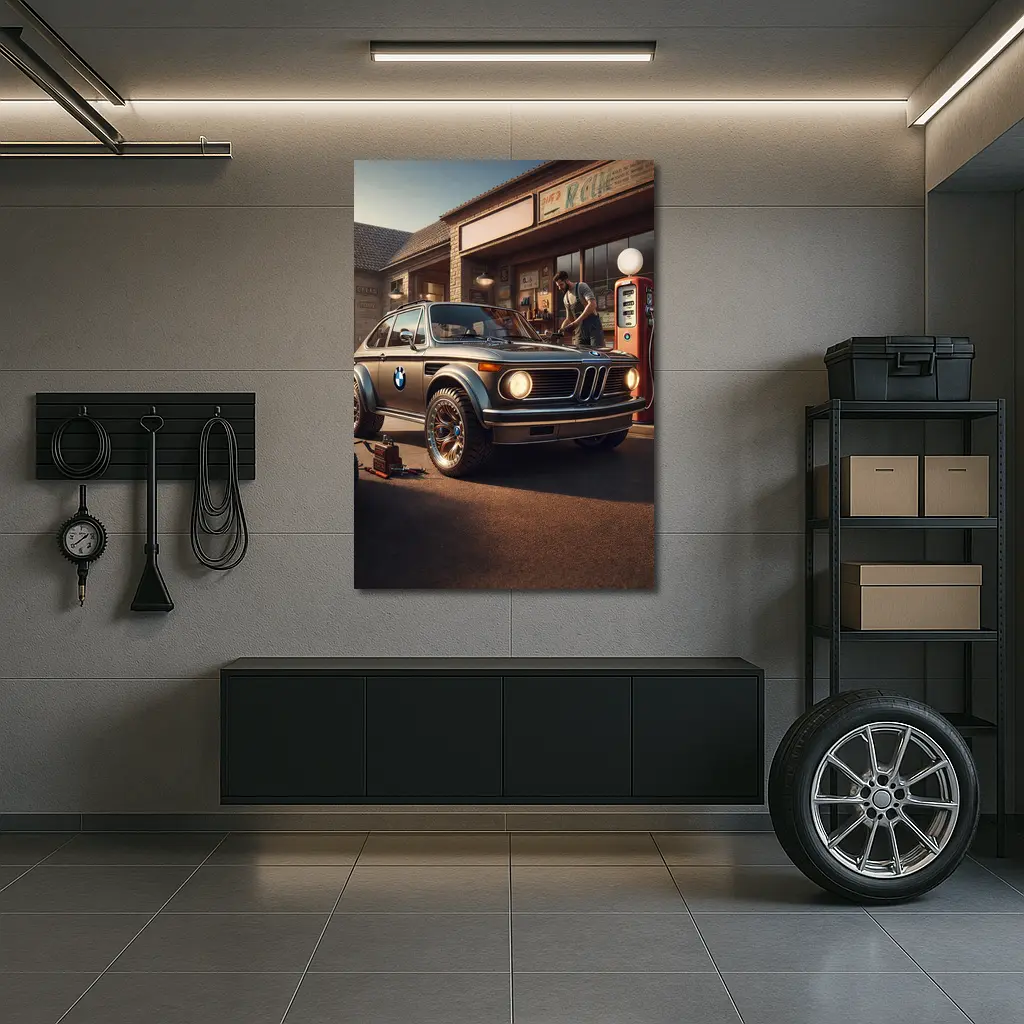 BMW 2002 Classic Vintage Gas Station Scene – Wall Art