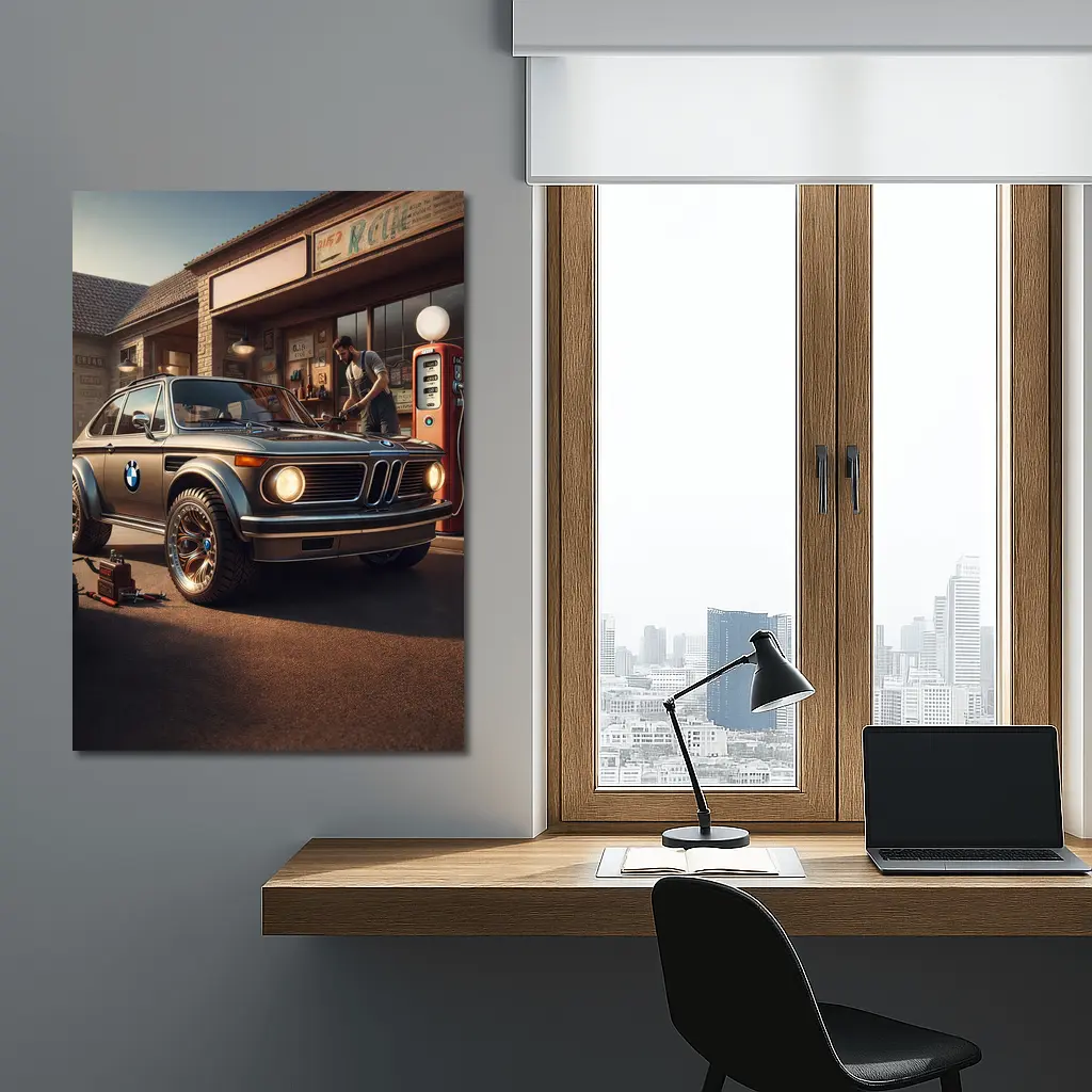 BMW 2002 Classic Vintage Gas Station Scene – Wall Art