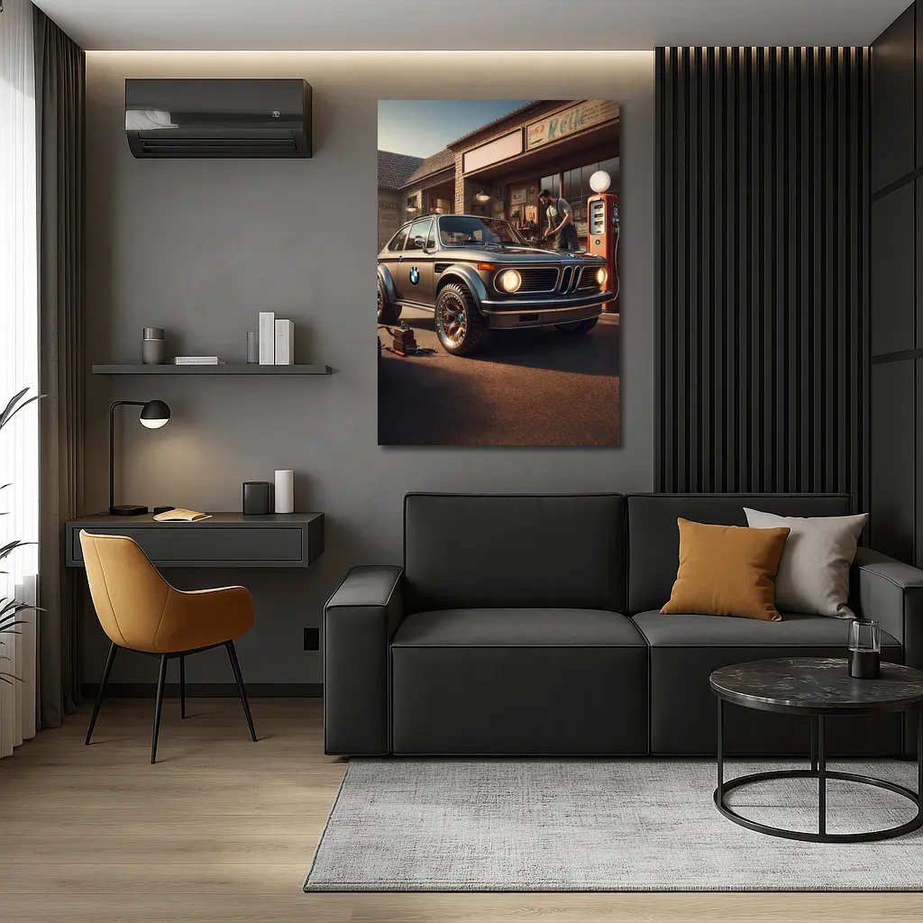 BMW 2002 Classic Vintage Gas Station Scene – Wall Art
