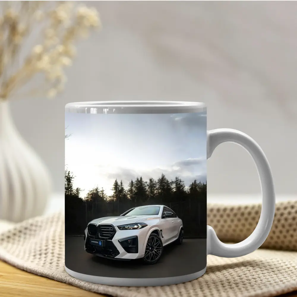 BMW X6 M White Parked Outdoors Dusk – Mugs