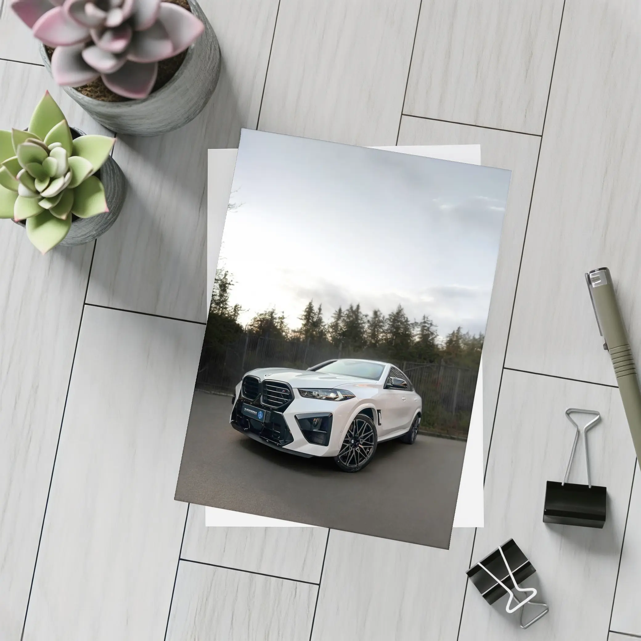 BMW X6 M White Parked Outdoors Dusk – Postcards