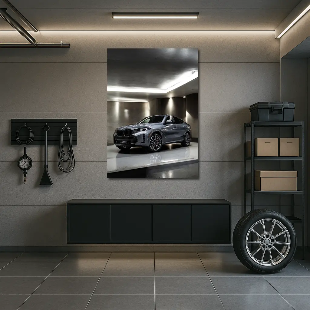 BMW X6 Grey Parked In Concrete Garage – Wall Art