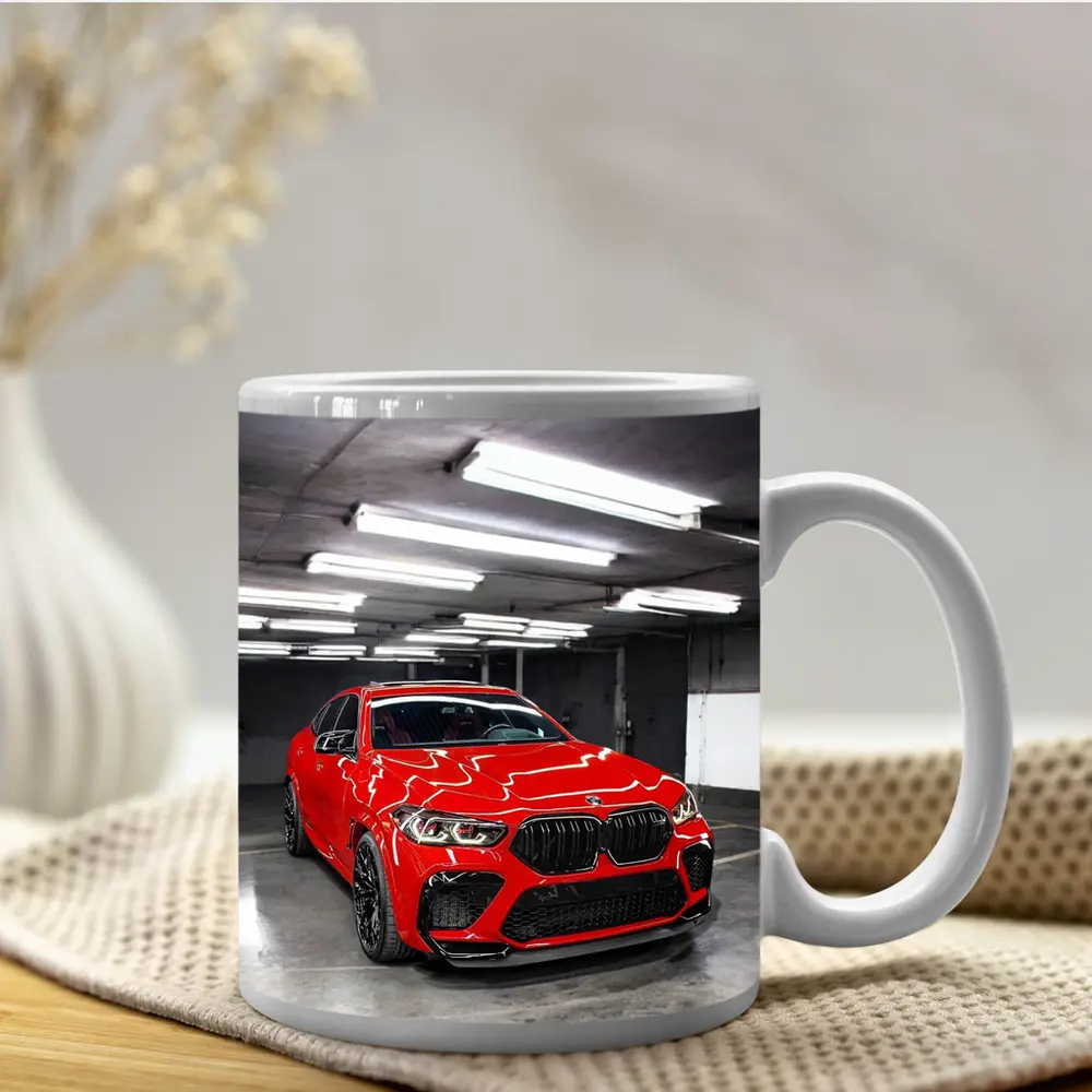 Red BMW X6 M Parked Indoor Garage – Mugs