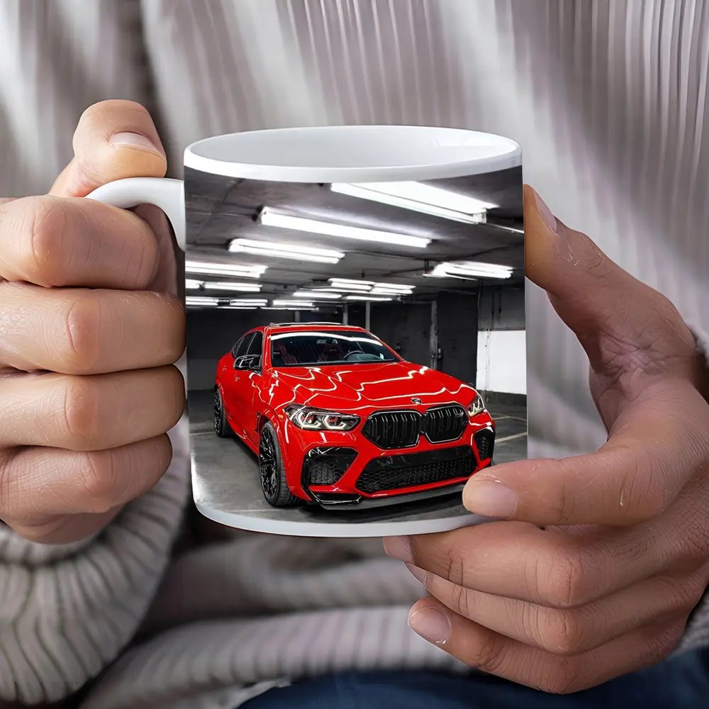 Red BMW X6 M Parked Indoor Garage – Mugs