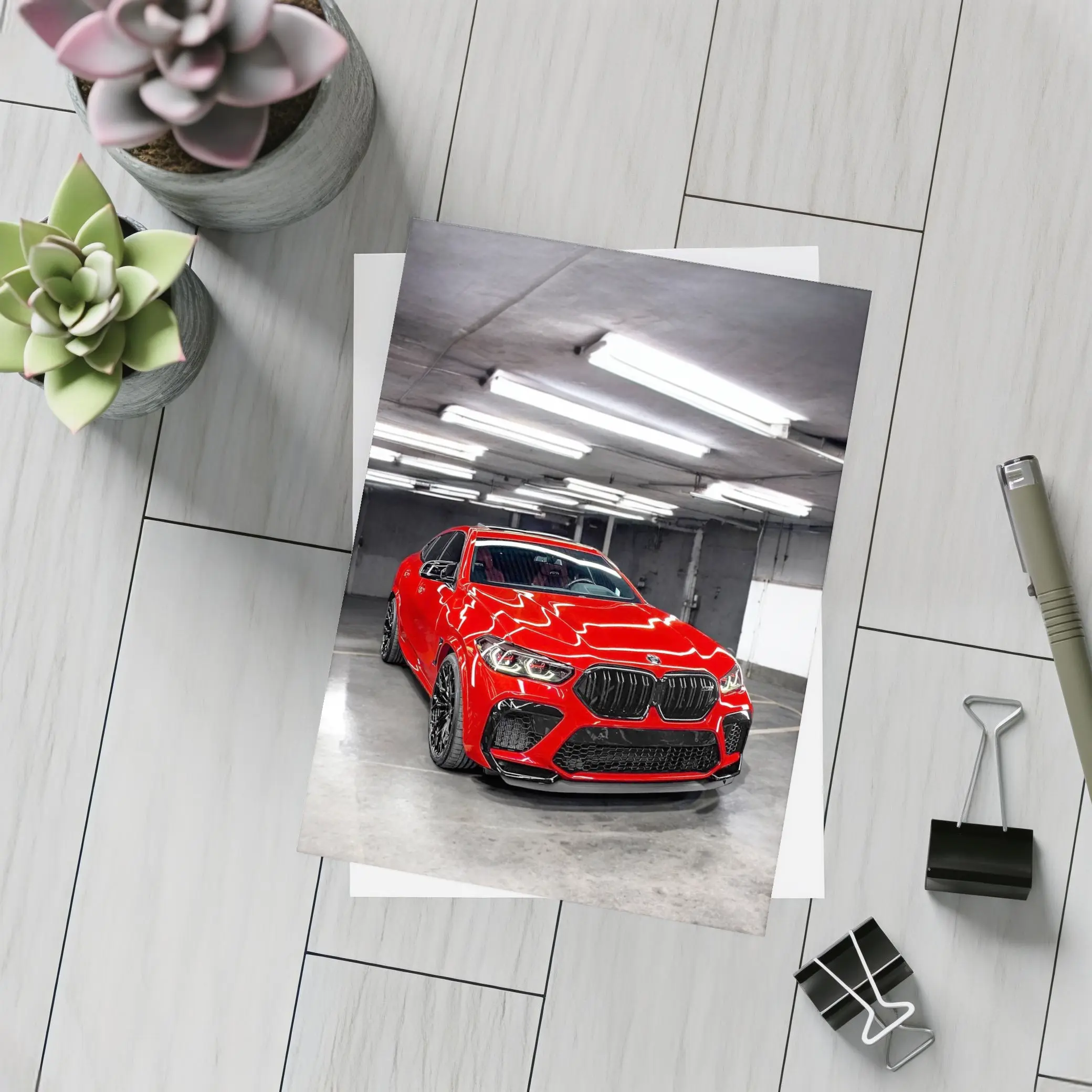 Red BMW X6 M Parked Indoor Garage – Postcards