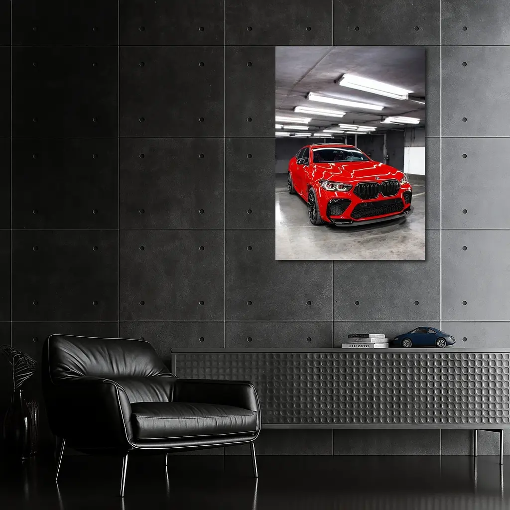 Red BMW X6 M Parked Indoor Garage – Wall Art