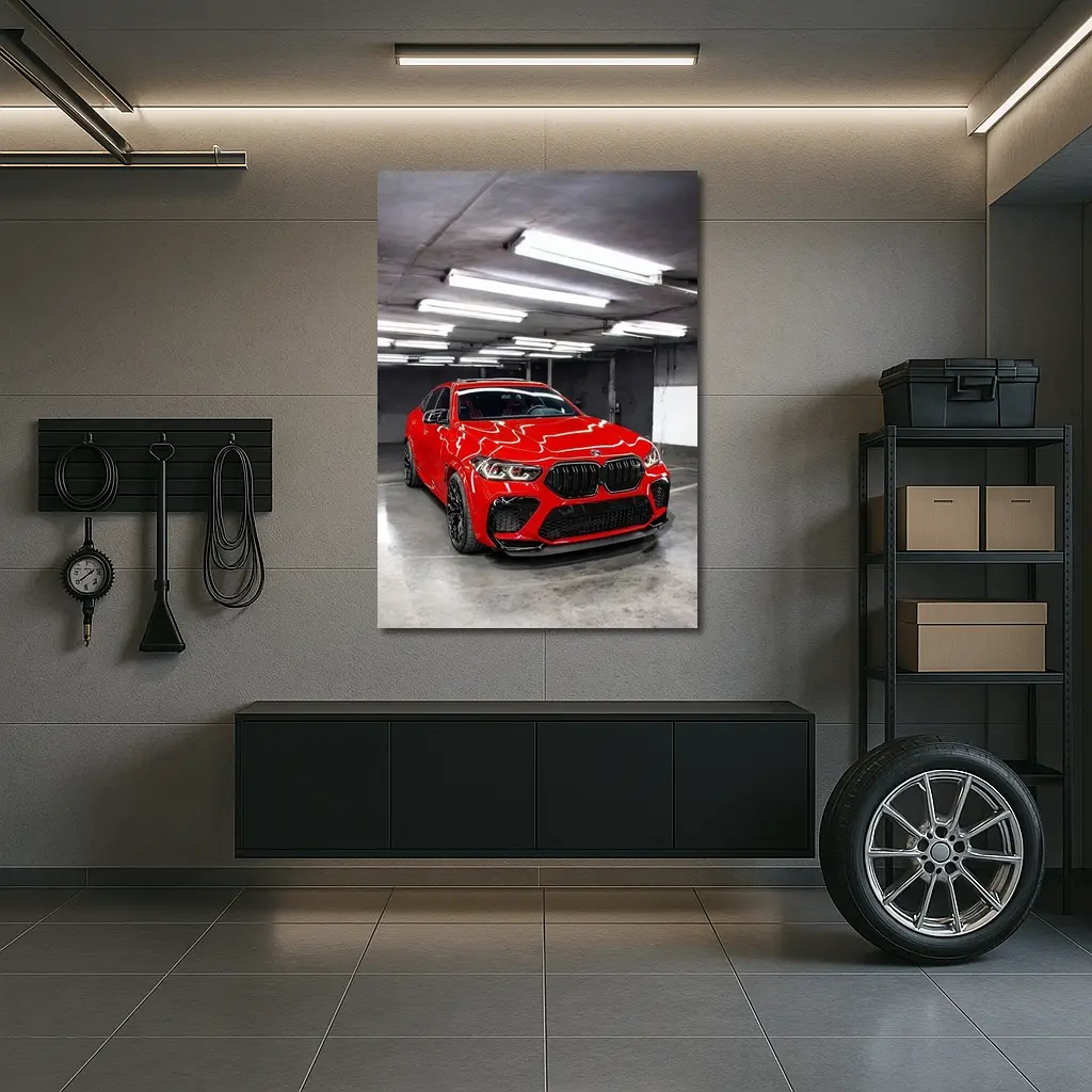 Red BMW X6 M Parked Indoor Garage – Wall Art