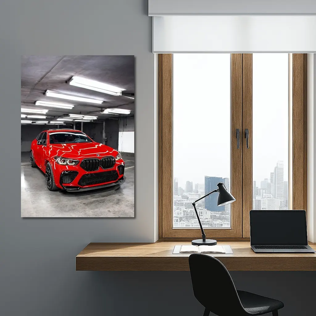 Red BMW X6 M Parked Indoor Garage – Wall Art