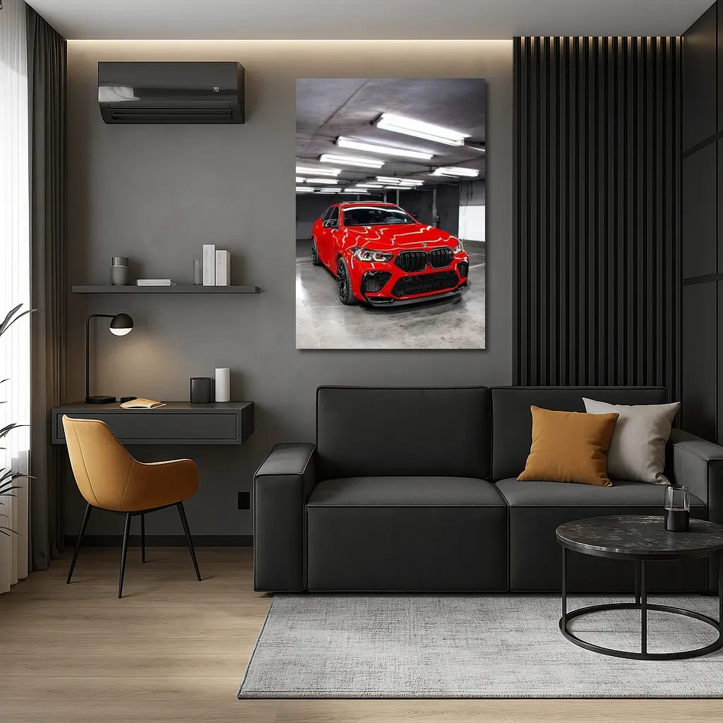 Red BMW X6 M Parked Indoor Garage – Wall Art