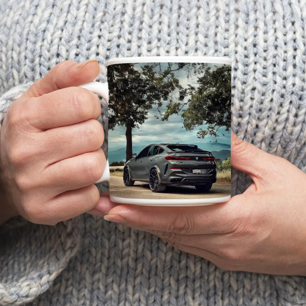BMW X6M Matte Gray Mountain Road Scene – Mugs
