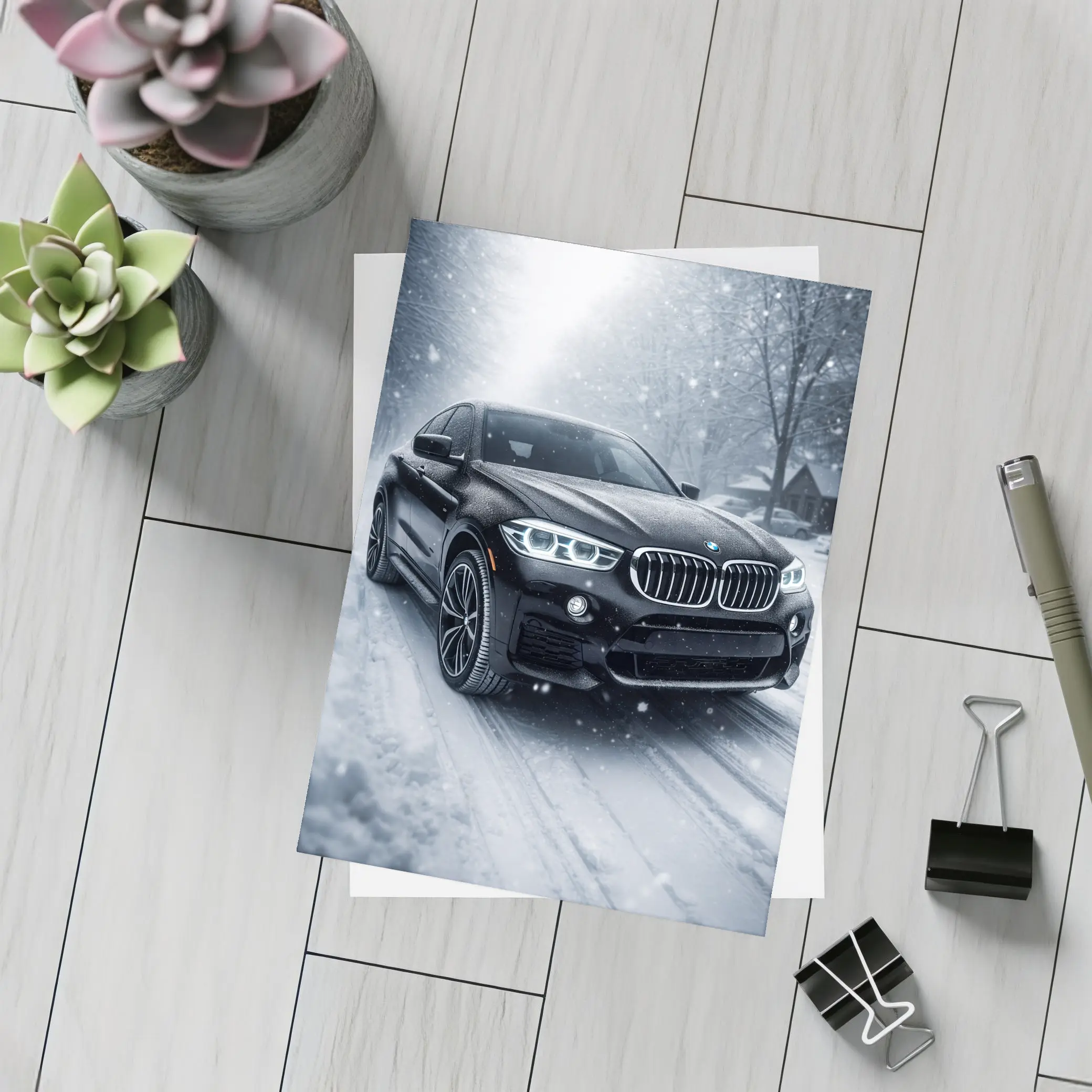 BMW X6 Black SUV Snowy Winter Road – Postcards