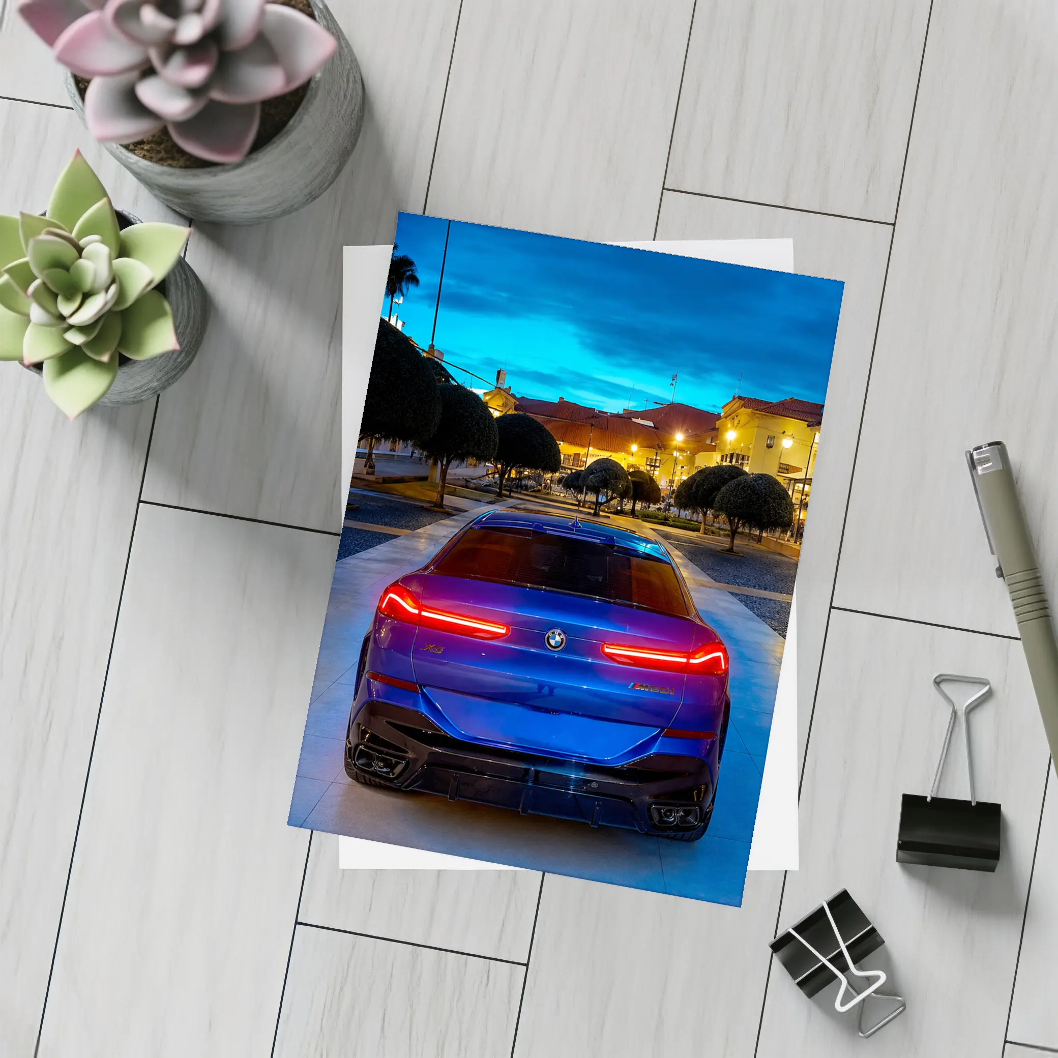 BMW X6M Blue Rear Night City Square – Postcards