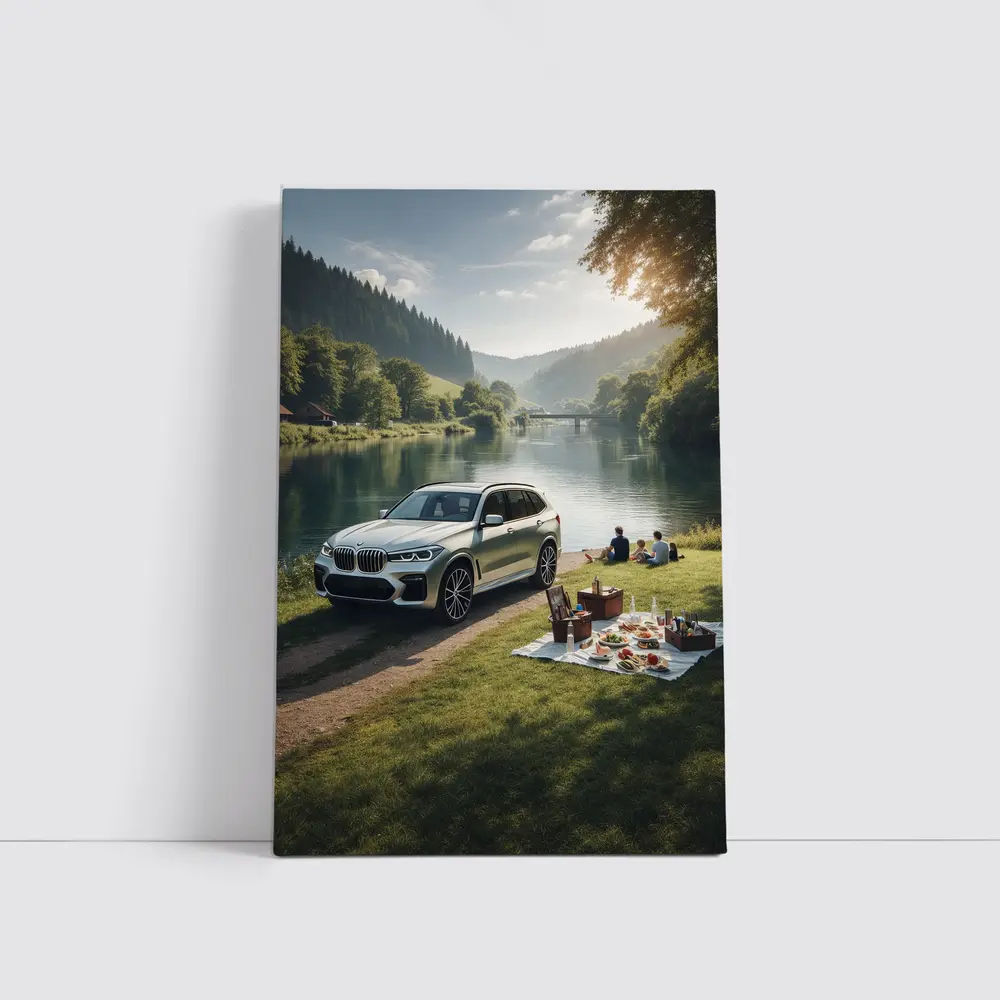BMW X5 Parked by Calm River Picnic – Wall Art