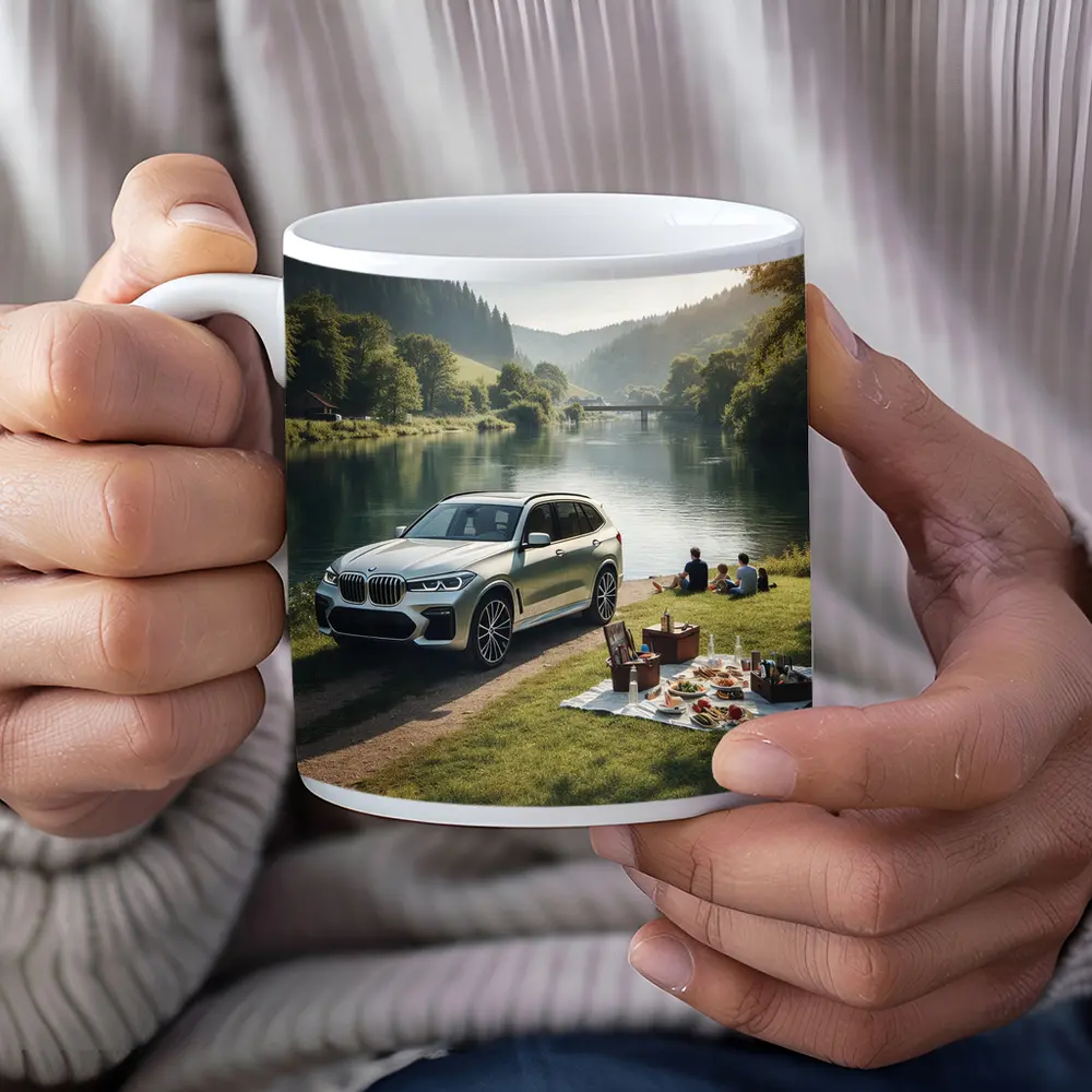 BMW X5 Parked by Calm River Picnic – Mugs