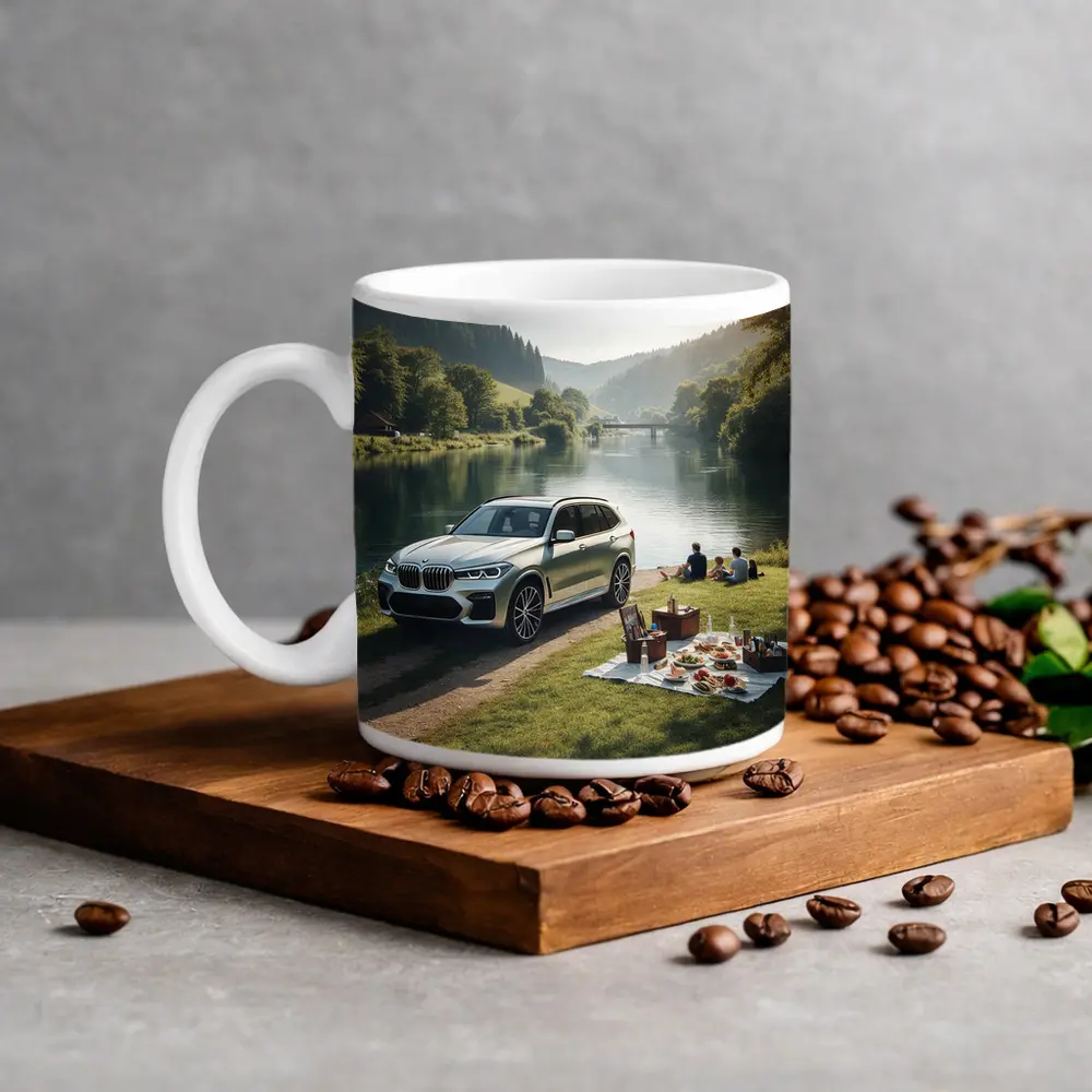 BMW X5 Parked by Calm River Picnic – Mugs