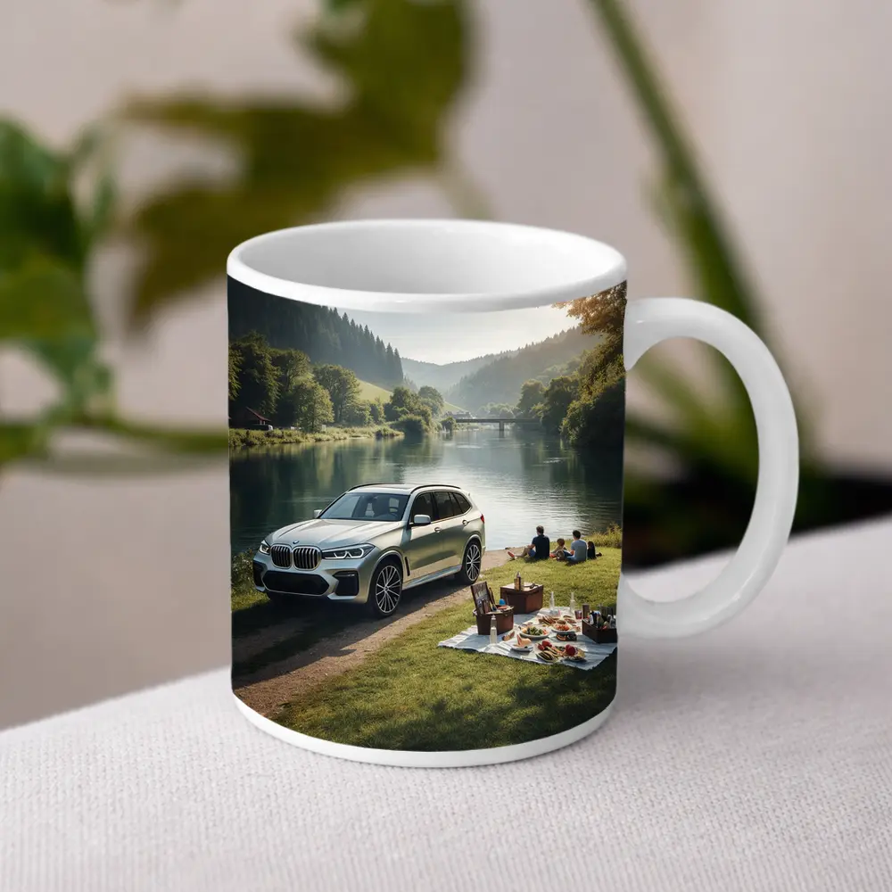 BMW X5 Parked by Calm River Picnic – Mugs