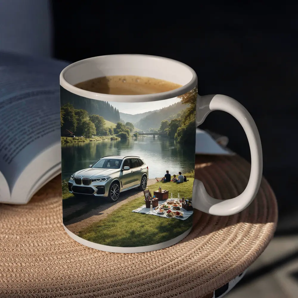 BMW X5 Parked by Calm River Picnic – Mugs