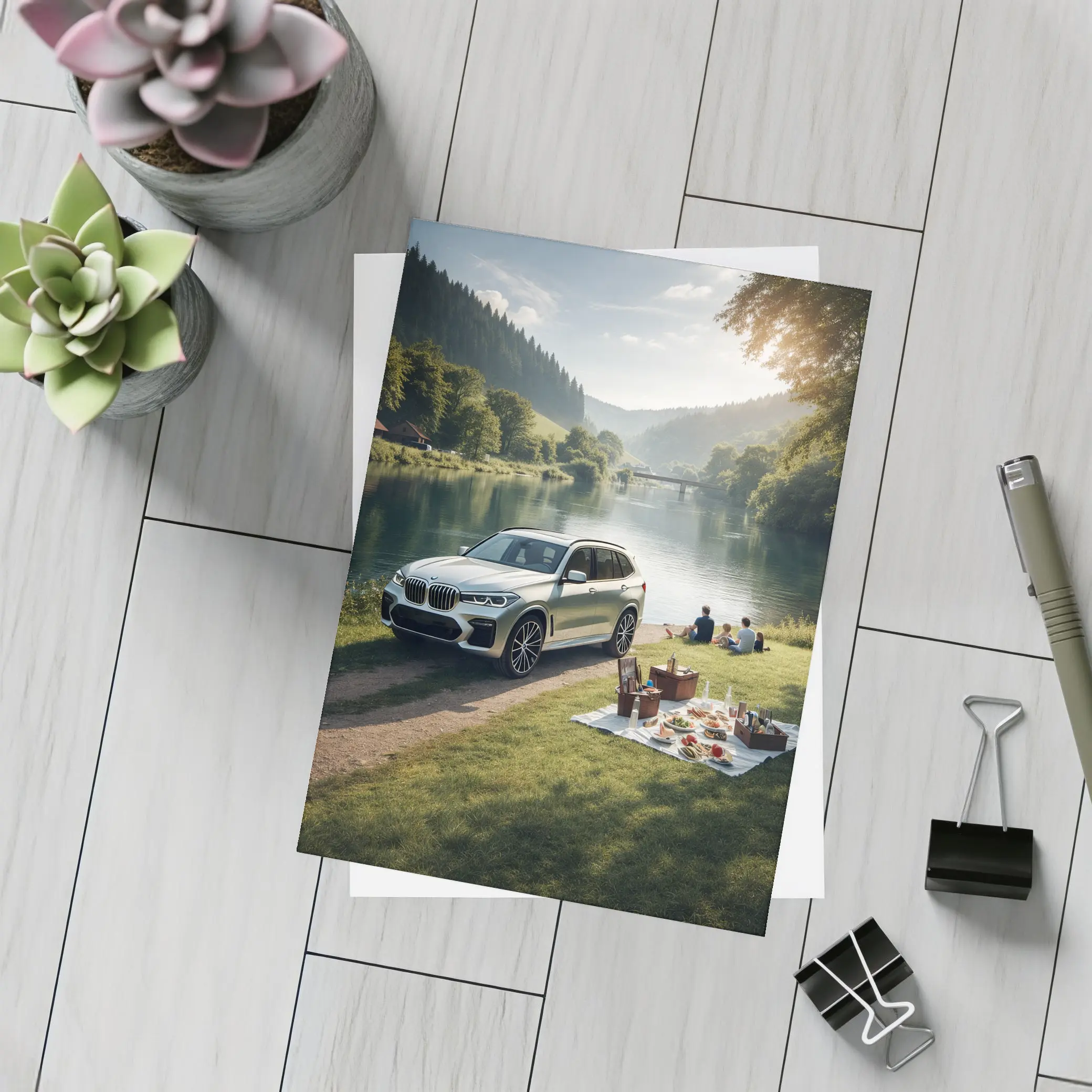 BMW X5 Parked by Calm River Picnic – Postcards