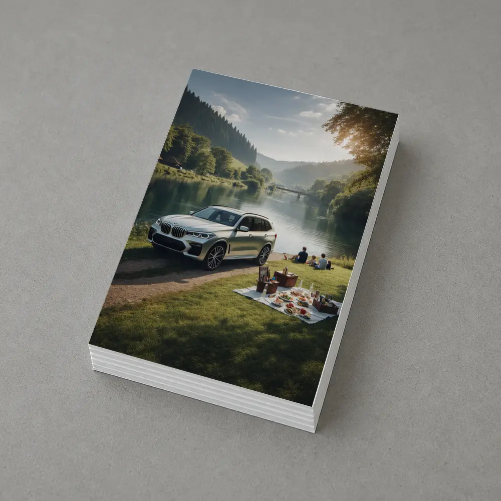 BMW X5 Parked by Calm River Picnic – Postcards