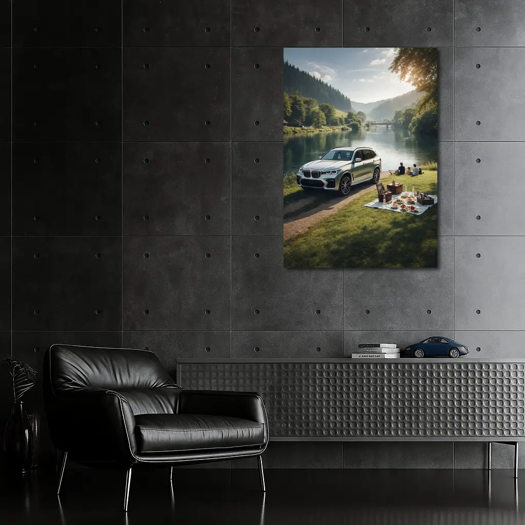BMW X5 Parked by Calm River Picnic – Wall Art