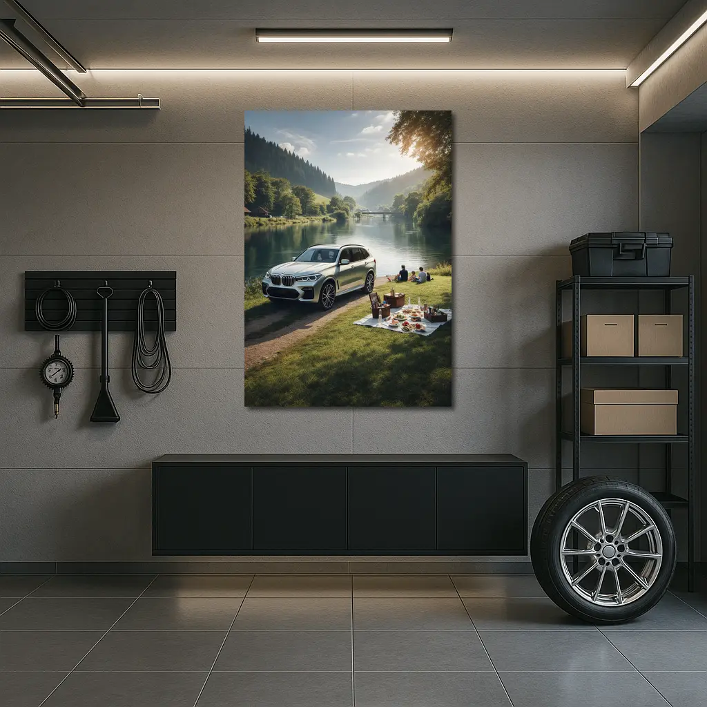 BMW X5 Parked by Calm River Picnic – Wall Art