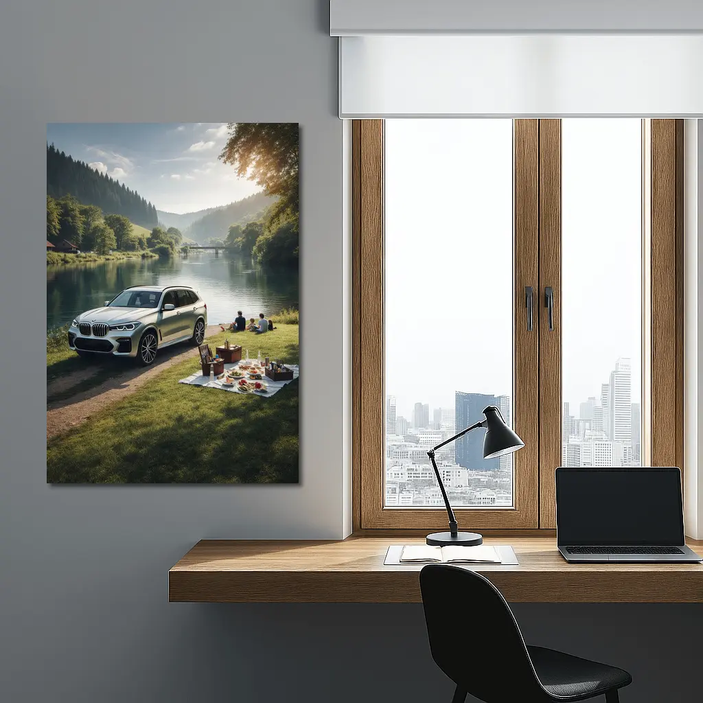 BMW X5 Parked by Calm River Picnic – Wall Art