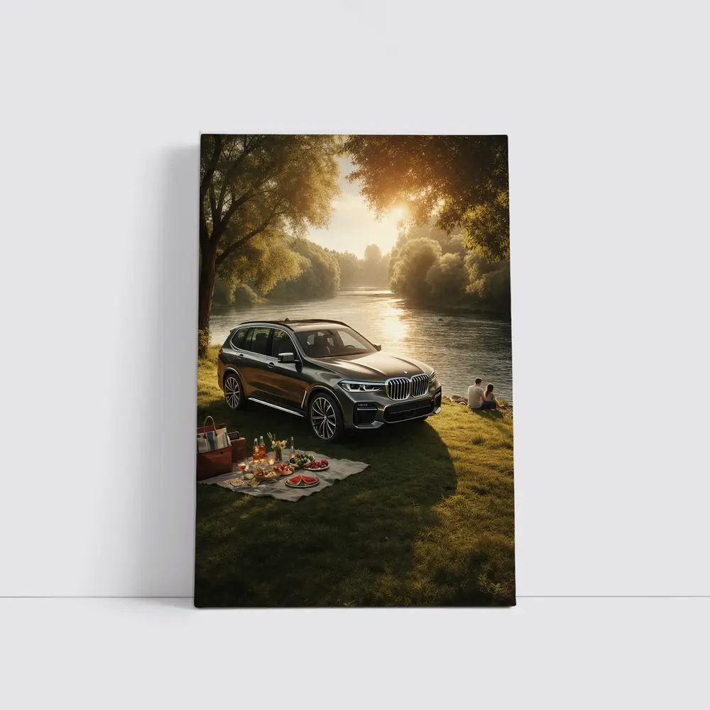 BMW X5 Parked by Sunlit River – Wall Art