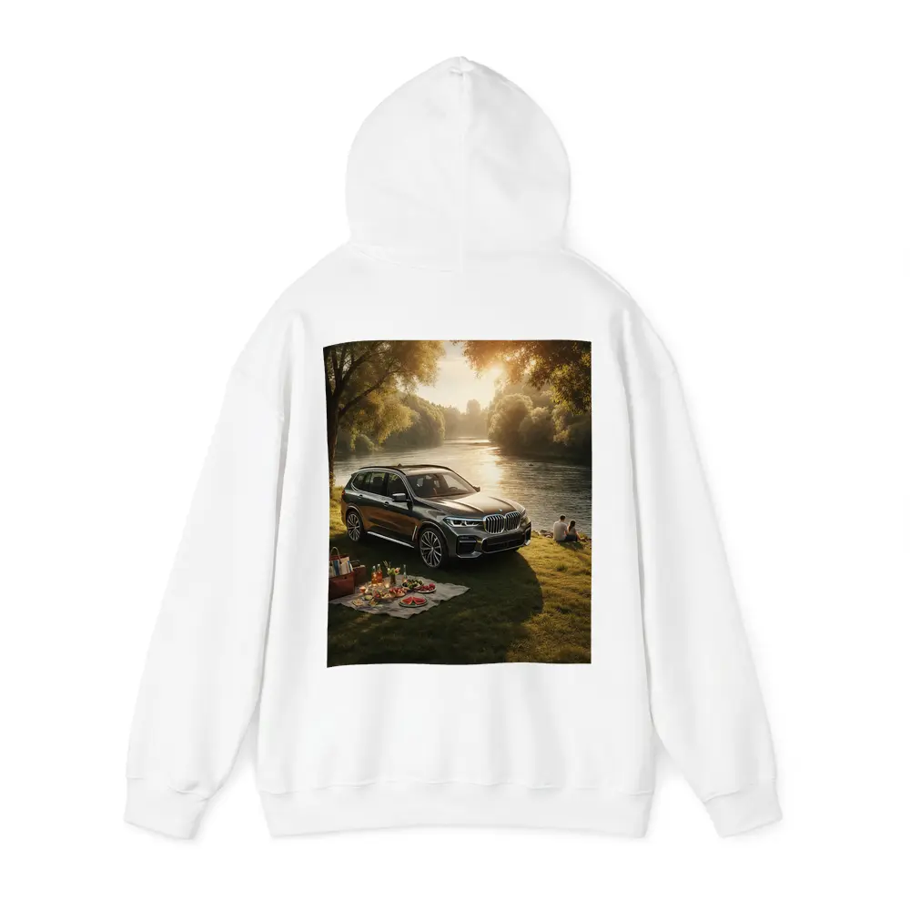 BMW X5 Parked by Sunlit River – Hoodies