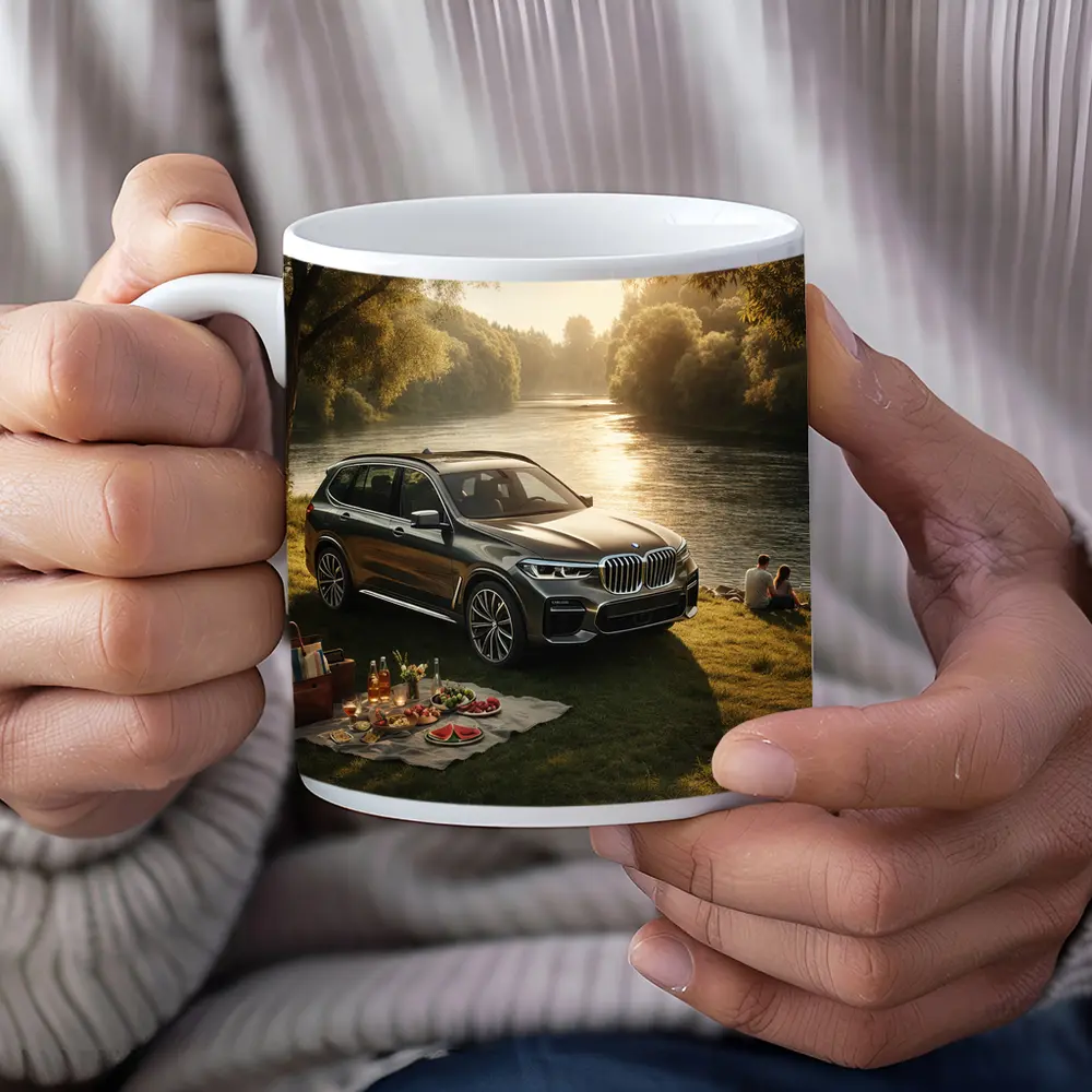 BMW X5 Parked by Sunlit River – Mugs