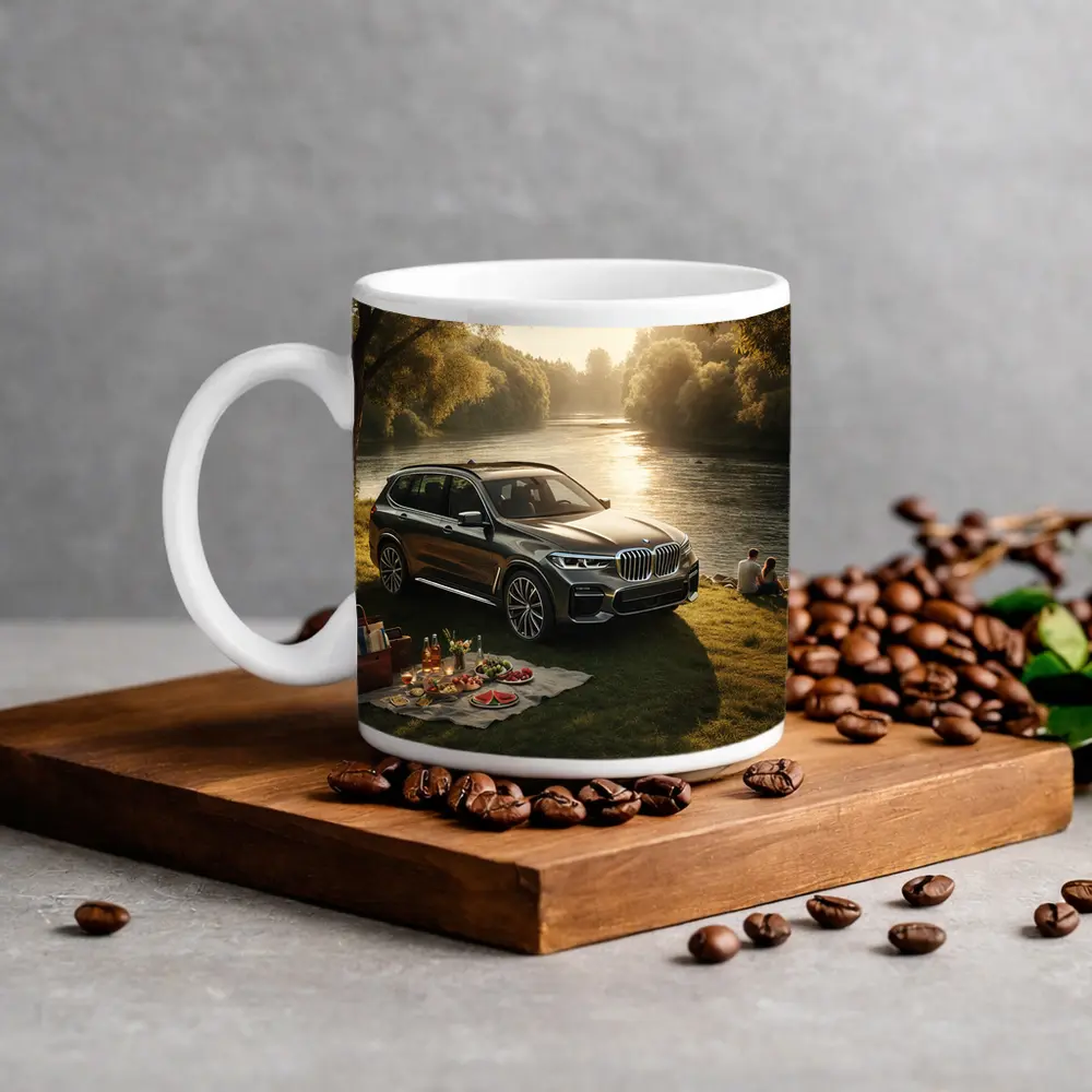 BMW X5 Parked by Sunlit River – Mugs