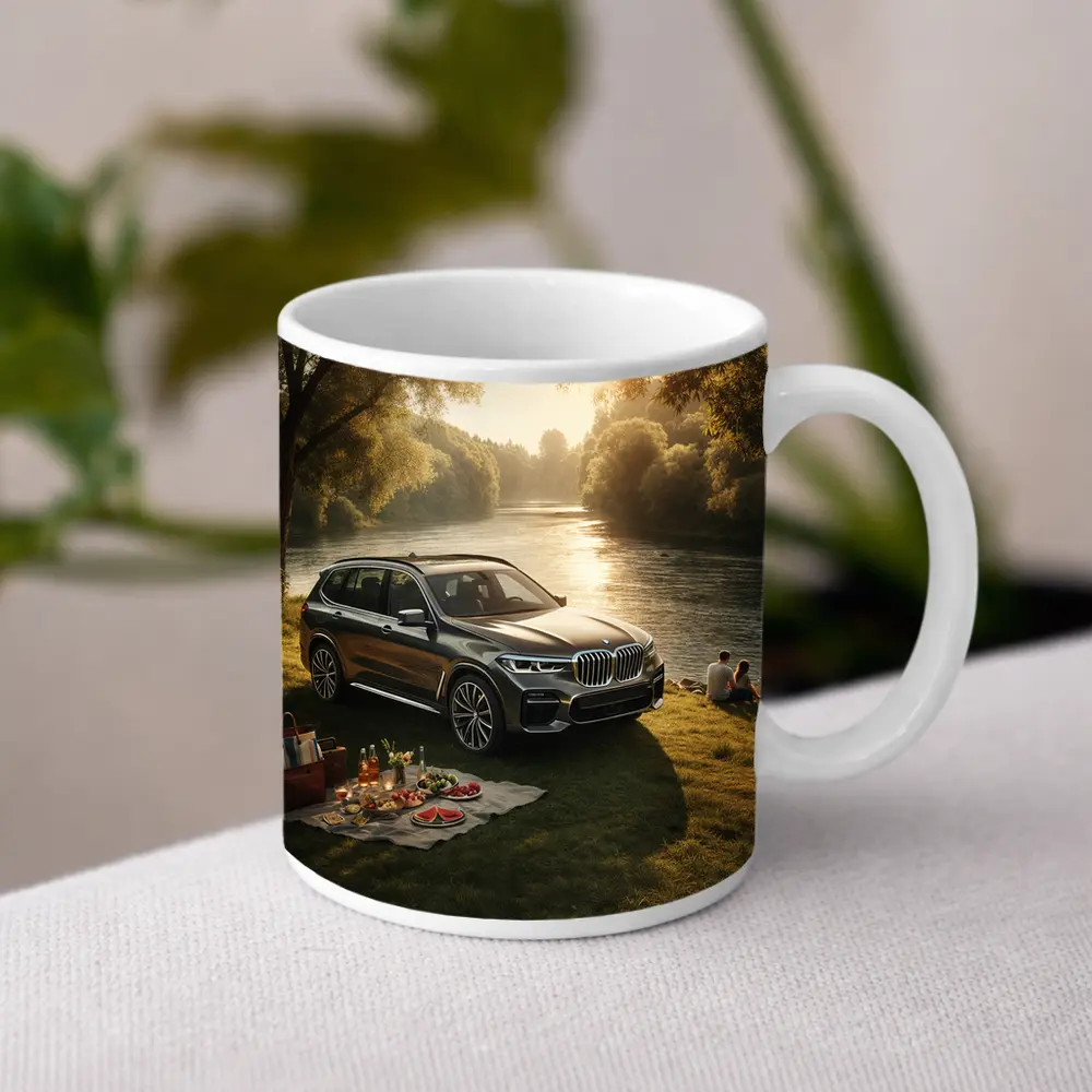 BMW X5 Parked by Sunlit River – Mugs