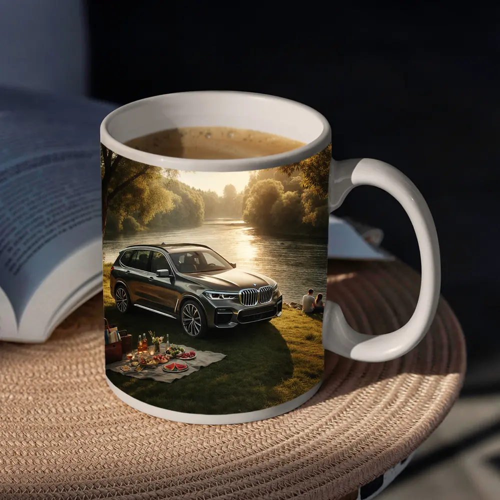 BMW X5 Parked by Sunlit River – Mugs