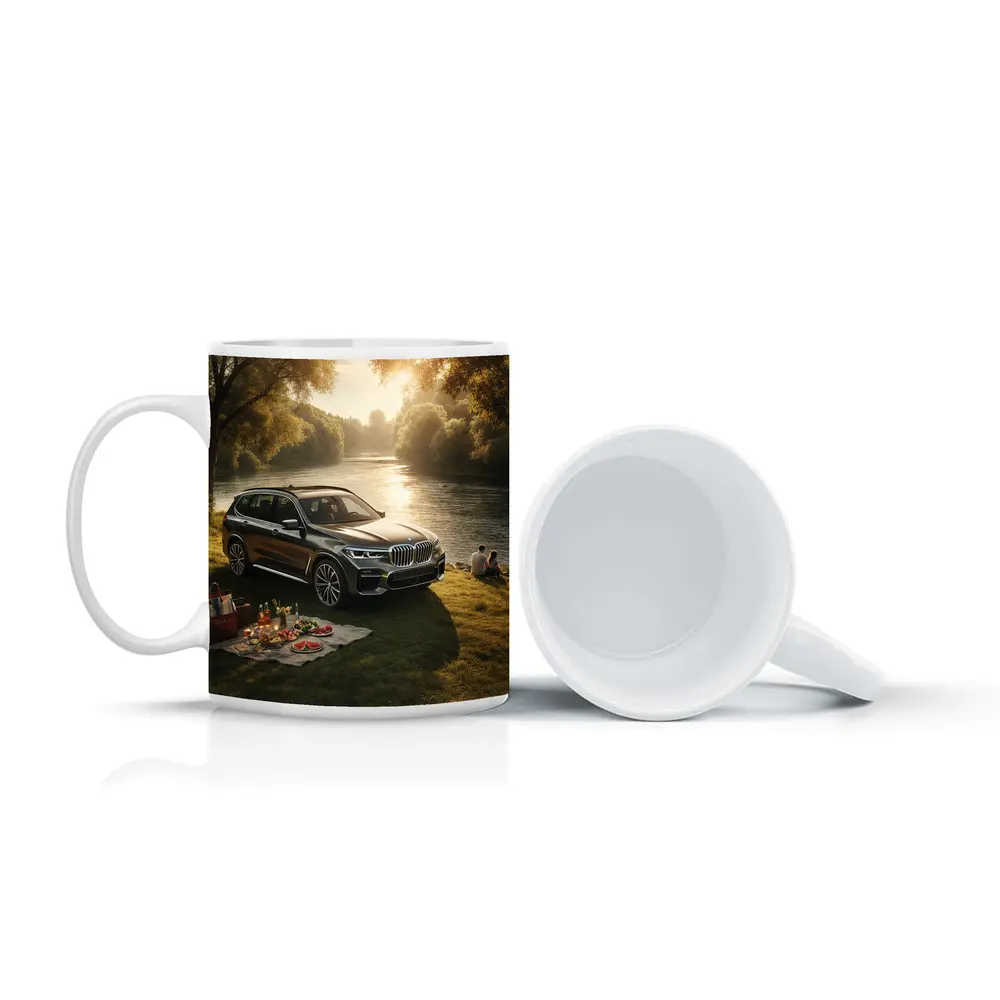 BMW X5 Parked by Sunlit River – Mugs