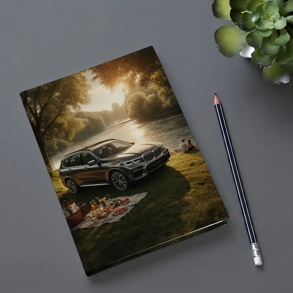 BMW X5 Parked by Sunlit River – Notebooks