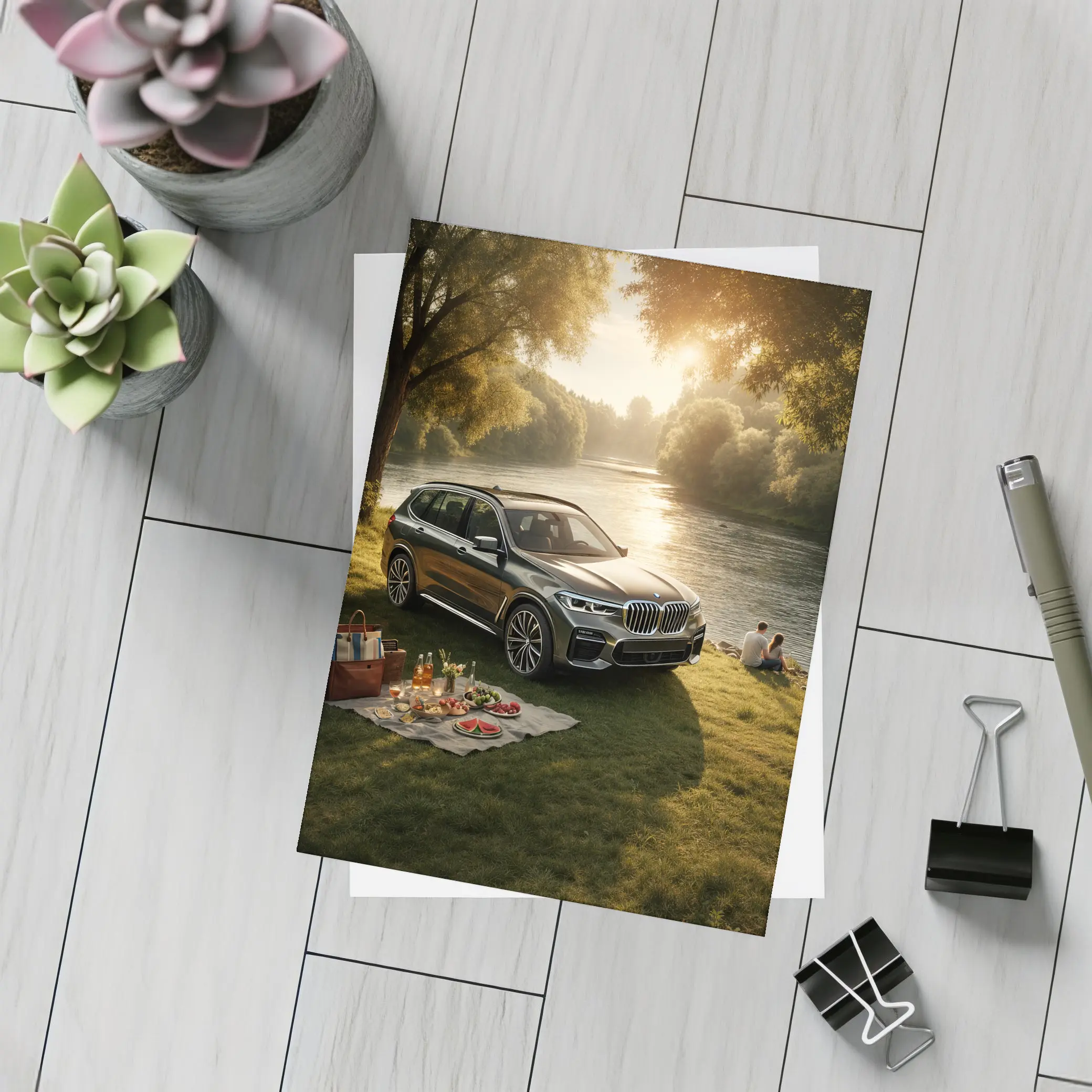 BMW X5 Parked by Sunlit River – Postcards