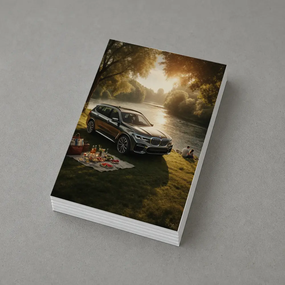 BMW X5 Parked by Sunlit River – Postcards