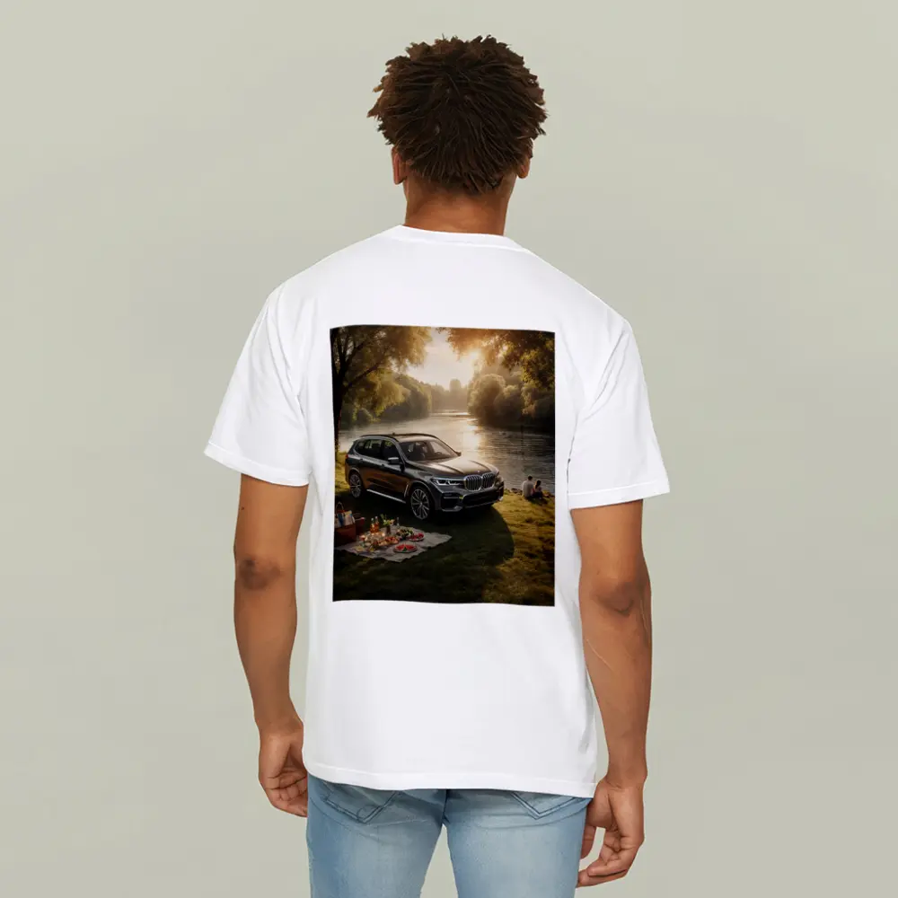 BMW X5 Parked by Sunlit River – T-Shirts