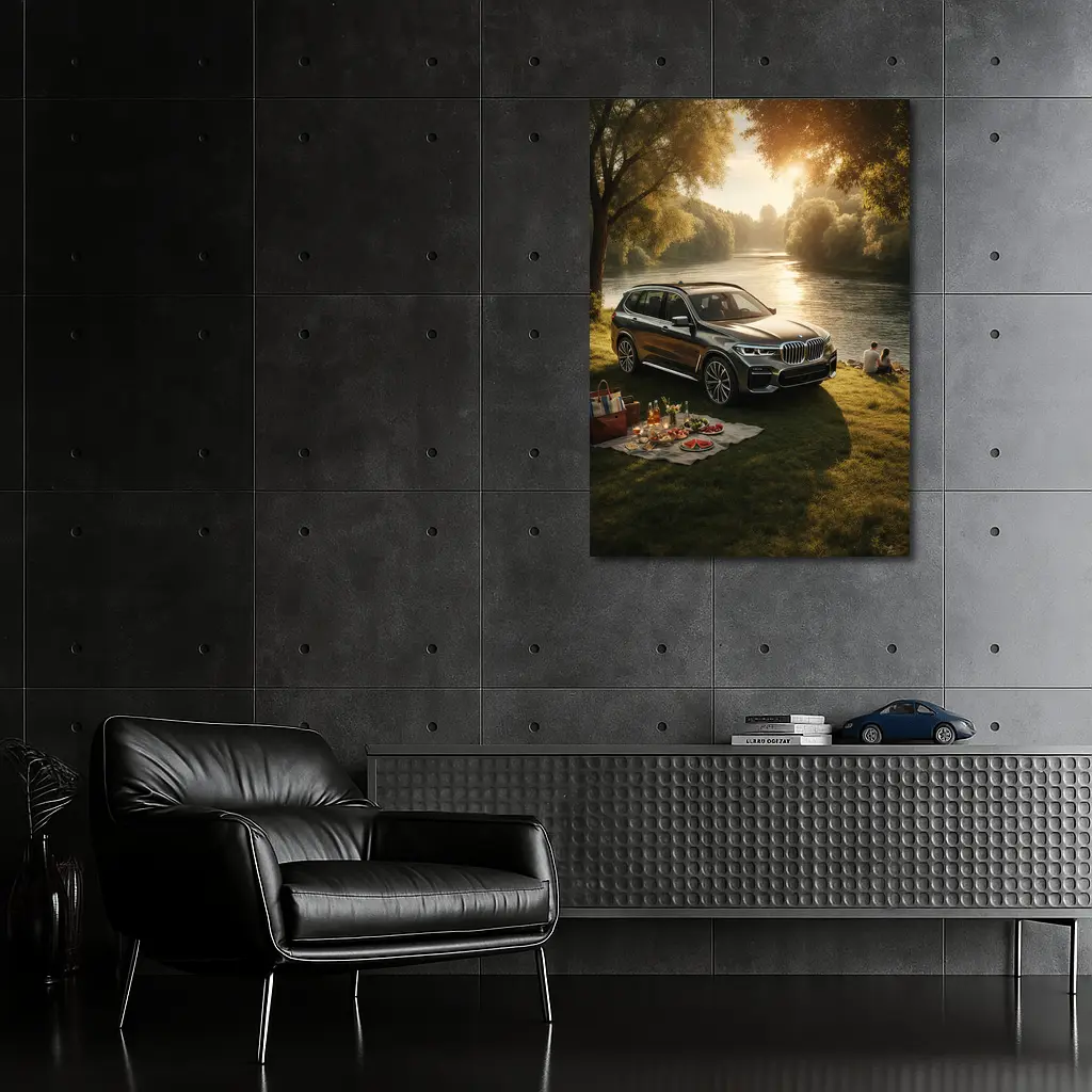 BMW X5 Parked by Sunlit River – Wall Art