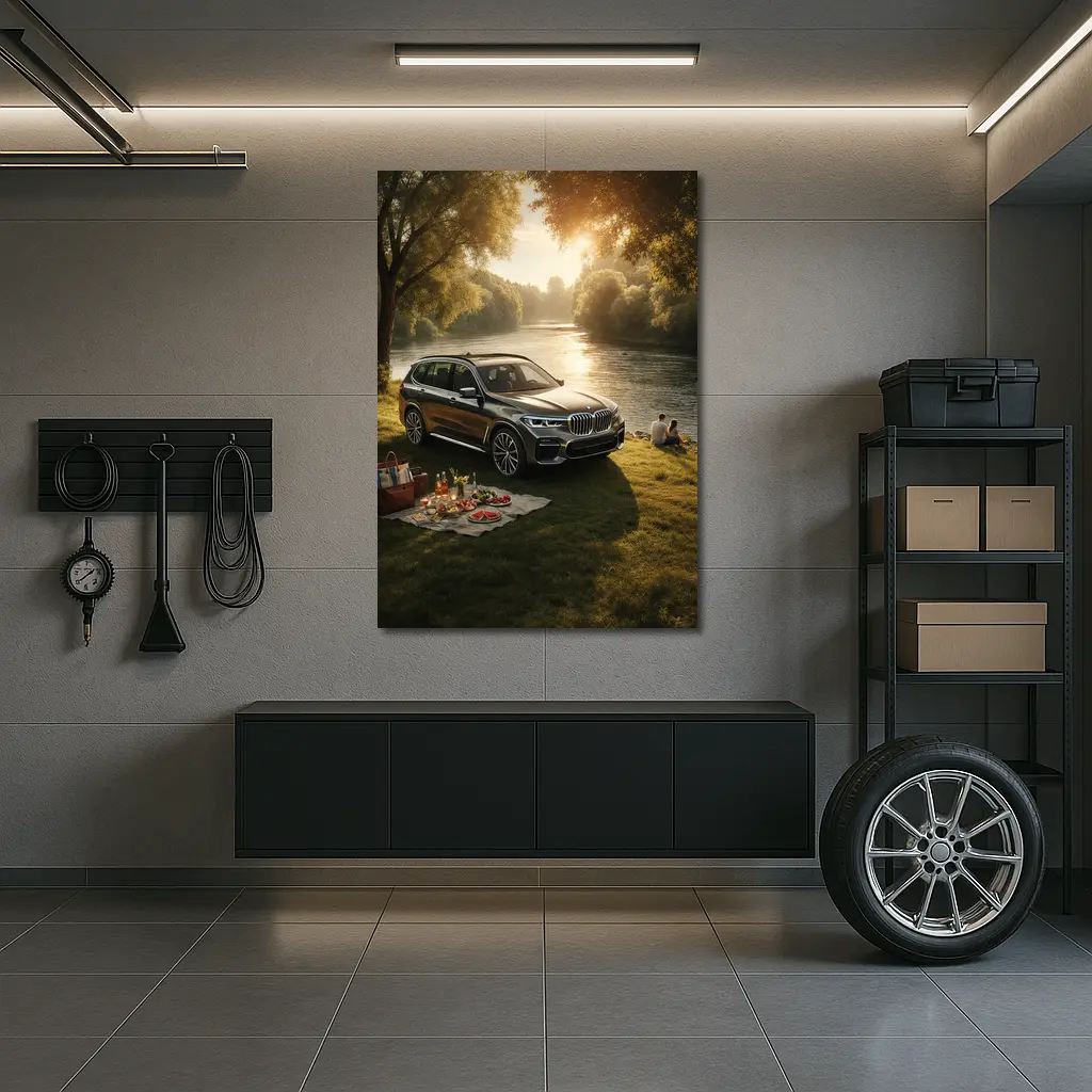 BMW X5 Parked by Sunlit River – Wall Art