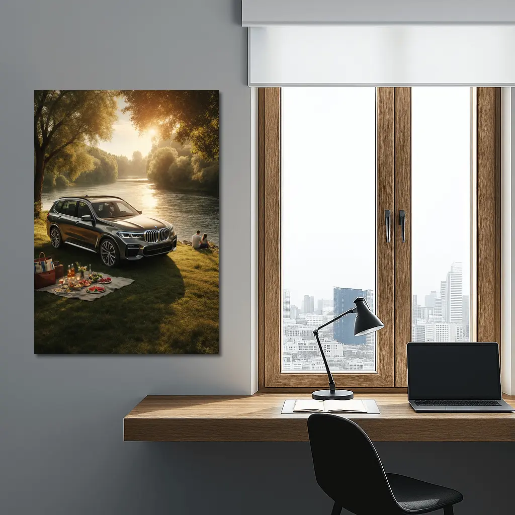 BMW X5 Parked by Sunlit River – Wall Art